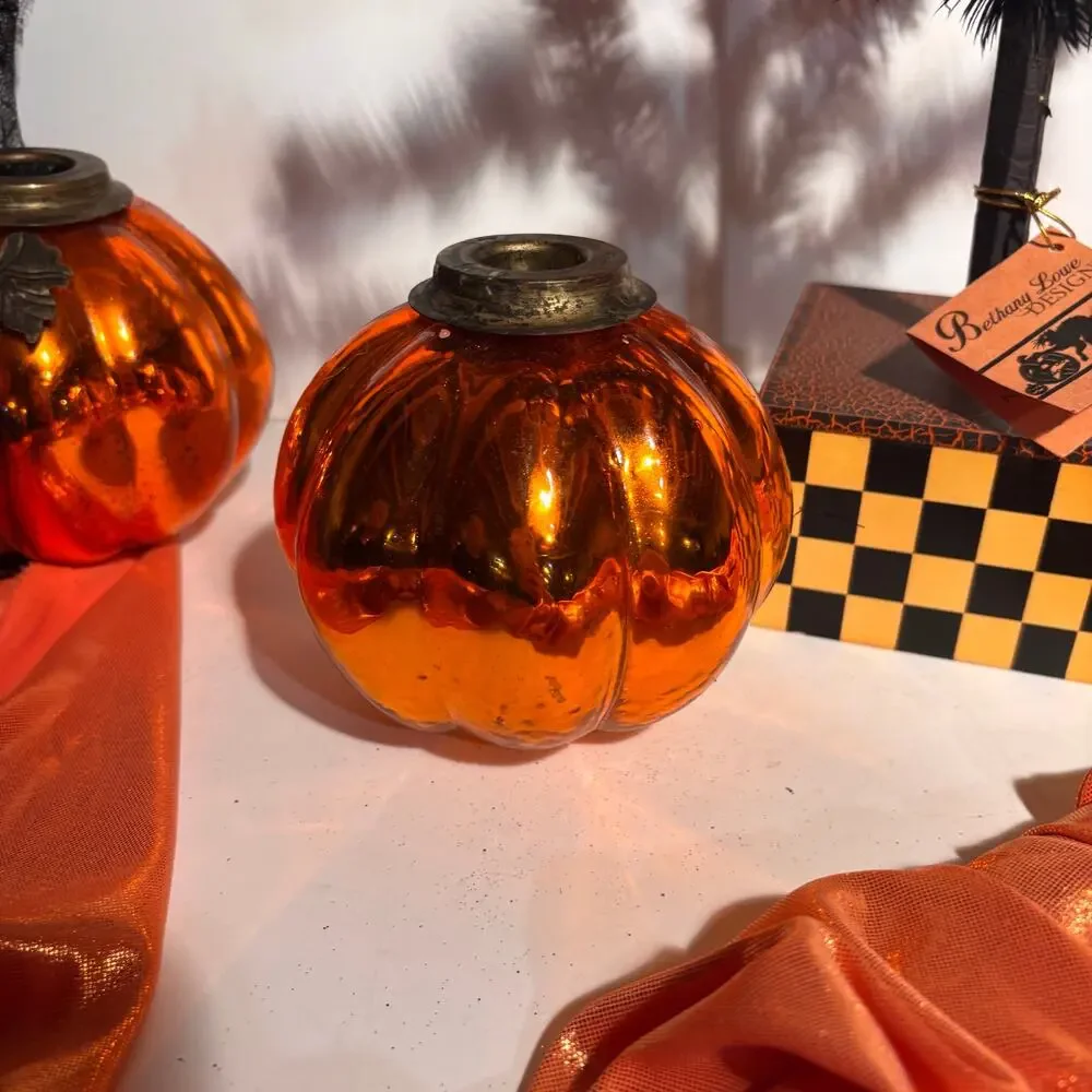 Pair of Orange Mercury Glass Pumpkin Shaped Candle Holders 4 inches